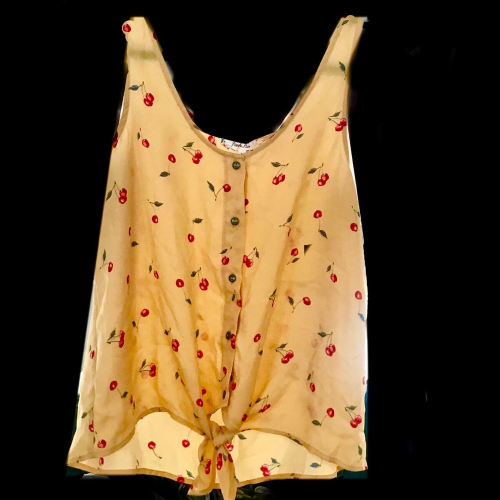 Pink Rose Cherry Print Yellow Sleeveless Top Sheer